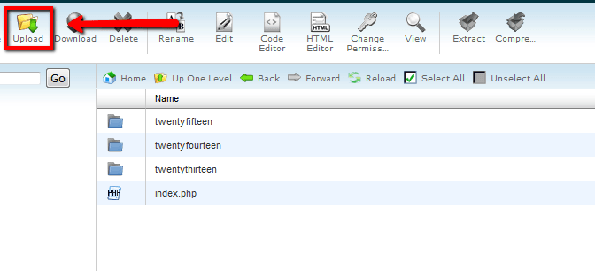 Langkah 4: disinilah tempat semua file themes WordPress Anda diletakkan. Klik icon "Upload" untuk memulai proses upload file themes WordPress dalam format zip