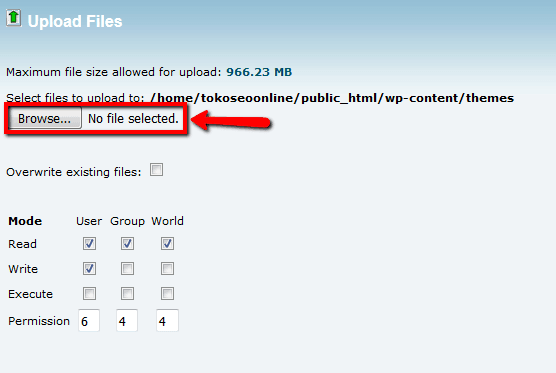 Langkah 5: klik pada tombol "Browse" untuk memilih file themes yang sudah Anda download terlebih dahulu tsb.
