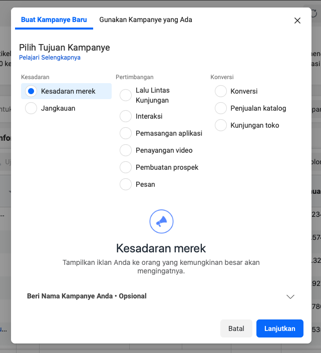 cara membuat iklan di facebook campaign tujuan